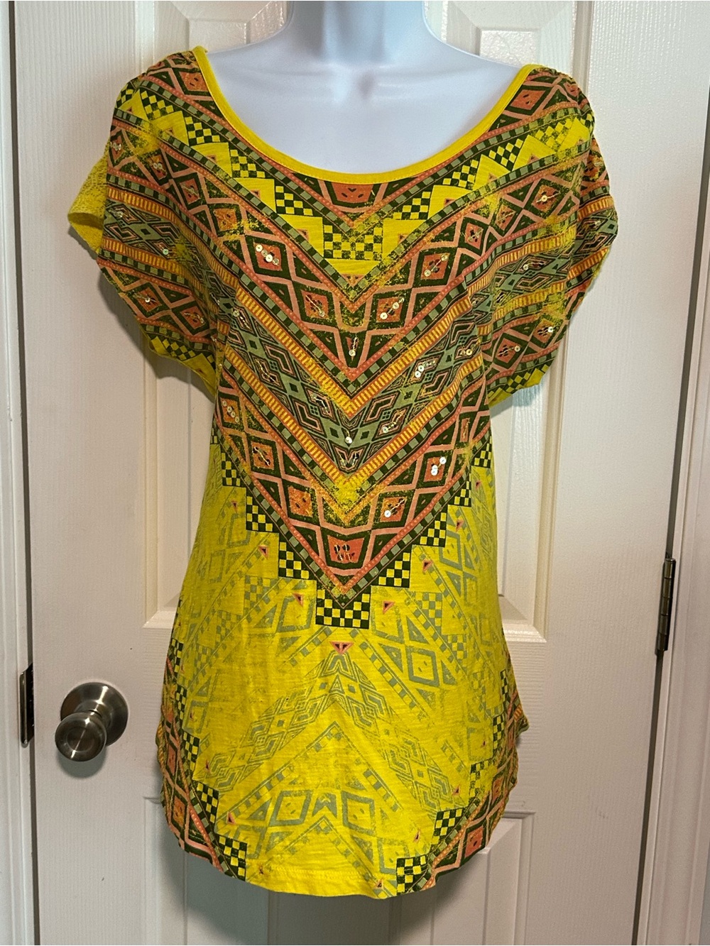 New Directions Yellow Geometric Scoop Neck Tunic Sz L